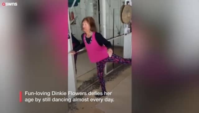 Britain's oldest dancer, Dinkie Flowers, 103, who practices every day.