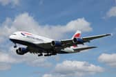 A British Airways Airbus-A380-841 comes in to land at Heathrow Airport in April 2024.