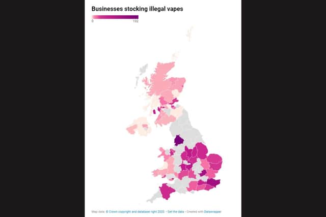 Businesses selling illegal vapes in the UK. (Photo: Map data: © Crown copyright and database right 2020, Graphic: Datawrapper/ Vape Superstore)