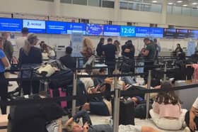 Long queues at an airport.