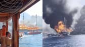 Fire rages through tourist boat as passengers jump into ocean.