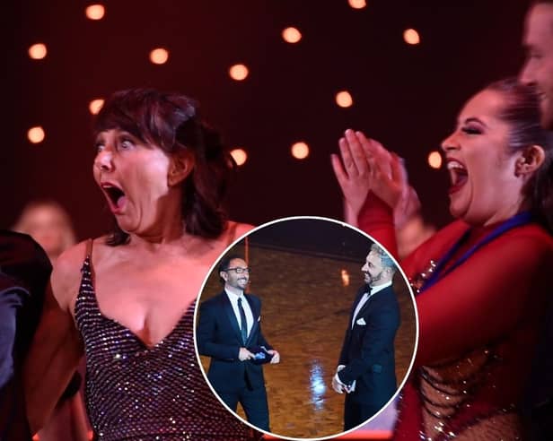 Contestants from Dance Floor Heroes, and inset: Ian Waite and Vincent Simone hosting the charity event at Blackpool Winter Gardens.