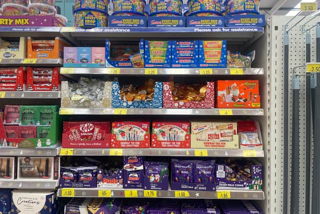 Christmas themed confectionary on the shelves at B&M Bargains in Leeds - four months before the big day (Photo by SWNS)