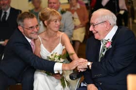 Henry Clayton at the wedding blessing with daughter Fiona Butler-Clayton and her husband.