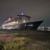 Cunard’s flagship ocean liner Queen Mary 2 docked in Liverpool.