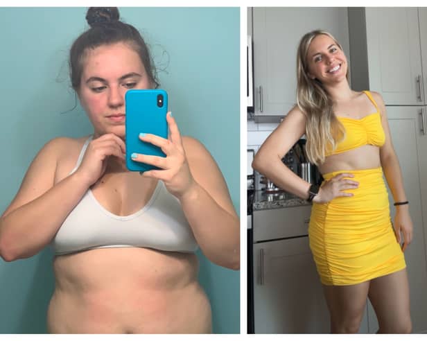 Brianna Alexander before, left, she used Simple weightloss app and after, right in yellow dress