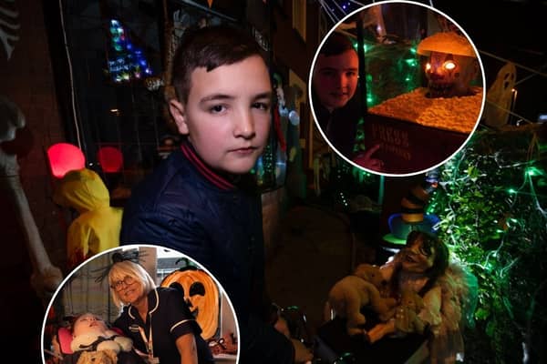 Bailey Wood has done his house up for Halloween, to raise money for Brian House Children's Hospice (inset)