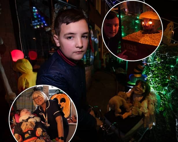 Bailey Wood has done his house up for Halloween, to raise money for Brian House Children's Hospice (inset)