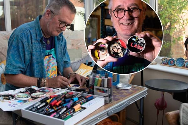 Mark Taylor, a retired art teacher, paints music-themed portraits and album sleeves onto old tin lids and leaves them for gig-goers to take at Waterloo Music Bar.