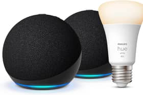 The bundle includes two smart speakers and a Philips hue bulb