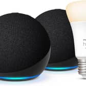 The bundle includes two smart speakers and a Philips hue bulb
