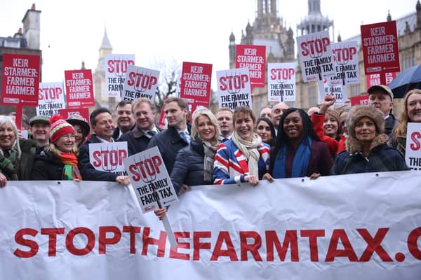 Conservative Party Leader Kemi Badenoch (front 2nd R) is joined by MPs Mel Stride, Chris Philp, Esther McVey, Claire Coutinho, Victoria Atkins, Andrew Griffith, and Priti Patel as they take part in the farmers rally on 19 November 2024 in London (Photo: Dan Kitwood/Getty Images)