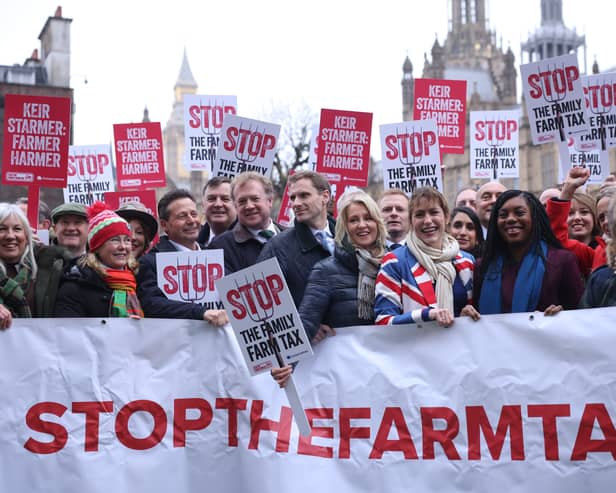 Conservative Party Leader Kemi Badenoch (front 2nd R) is joined by MPs Mel Stride, Chris Philp, Esther McVey, Claire Coutinho, Victoria Atkins, Andrew Griffith, and Priti Patel as they take part in the farmers rally on 19 November 2024 in London (Photo: Dan Kitwood/Getty Images)