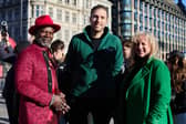Trussell ambassadors Levi Roots and Mark Hoyle (LadBaby) meet with Trussell Chief Executive Emma Revie outside Parliament 