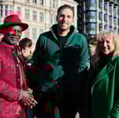 Trussell ambassadors Levi Roots and Mark Hoyle (LadBaby) meet with Trussell Chief Executive Emma Revie outside Parliament 