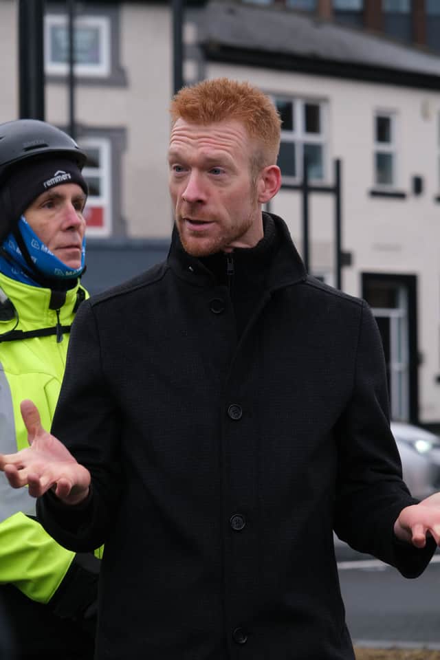 The South Yorkshire active travel commissioner, Ed Clancy, speaks to the media at the official West Bar roundabout launch.