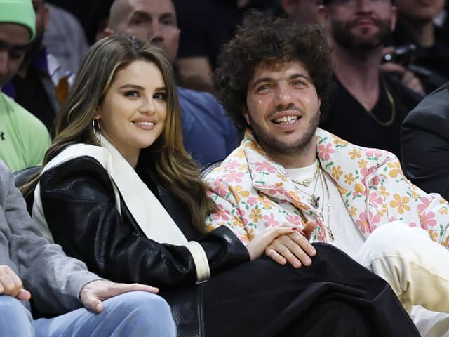 Actress and singer Selena Gomez with music producer Benny Blanco at an Los Angeles Lakers NBA basketball game in January 2024 