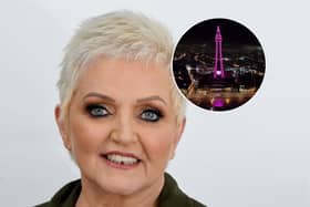 Linda Nolan has sadly passed away, aged 65. Inset: Tower lit up pink for Linda