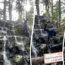 Matt Horsfall, 39, scaled the rocks forming the waterfall at Dockber Farm near Sawley in Lancashire when he was attending the Beat-Herder music festival. He ignored a 'do not enter' sign which warned of "sharp rocks" and said the "water is poison" to pose for a video