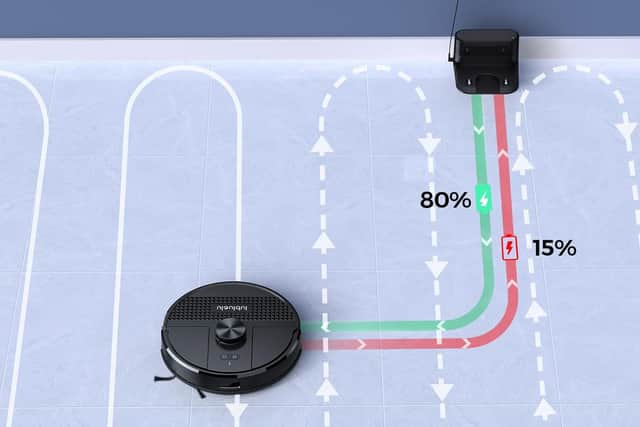 The robot will automatically return to its base when the battery gets low, then restart its mission once it's charged up again