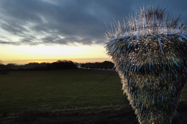 Aerial shot of the Dreamkeeper statue at Singleton at sunset