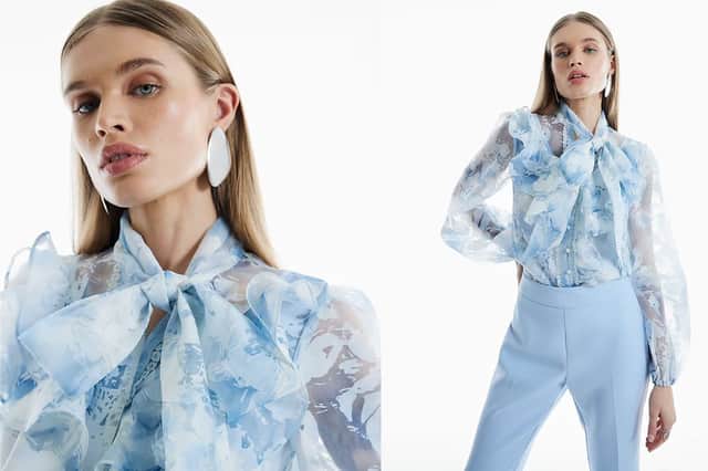 Blue Floral Print Tie Neck Shirt £49