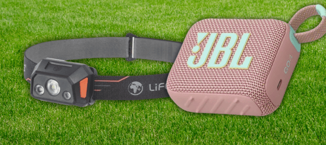 Two campsite essentials: a powerful head torch for hands-free night missions and a waterproof speaker to keep the music going between sets.