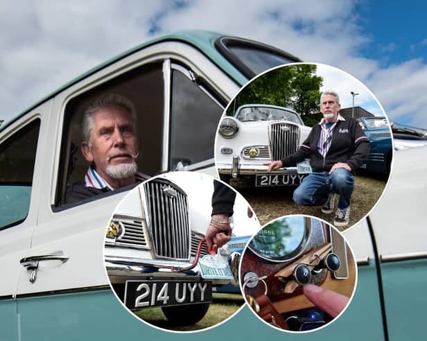 Dennis Jackson from Preston in his 1958 Wolesley classic car. Inset: Demonstrating how he uses a 'crank handle' to start the engine, and places a clothes peg on the choke button. All photos credit Lucinda Herbert