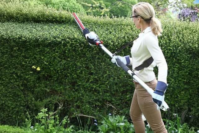 The hedge trimmer is set to 1.85 metres for easy handling and storage, but it extends to 2.8 metres