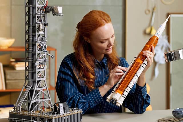 The LEGO Artemis set is designed as a detailed build for adults, recreating the Space Launch System rocket and launch tower in display-ready form