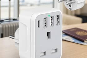 The Omivine adaptor provides a UK socket, one USB-C port and three USB-A connections