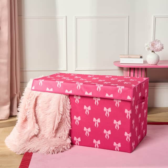 Online Home Shop's hot pink bow-print storage box has helped me tidy away household items that have looked unsightly in my home for years.