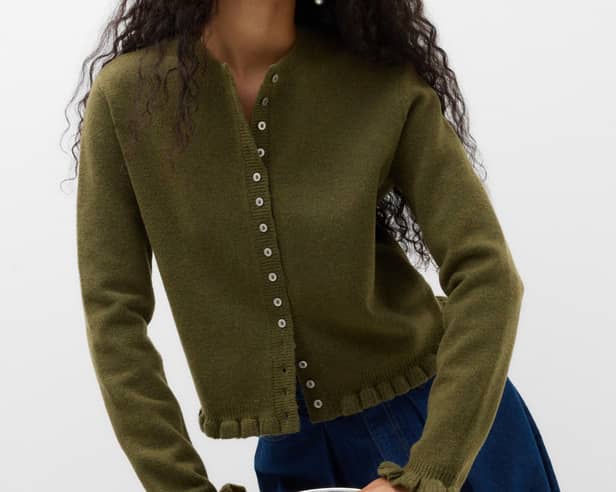 M&S Ruffle Crew Neck Cardigan. Pictured is the dark khaki colour.