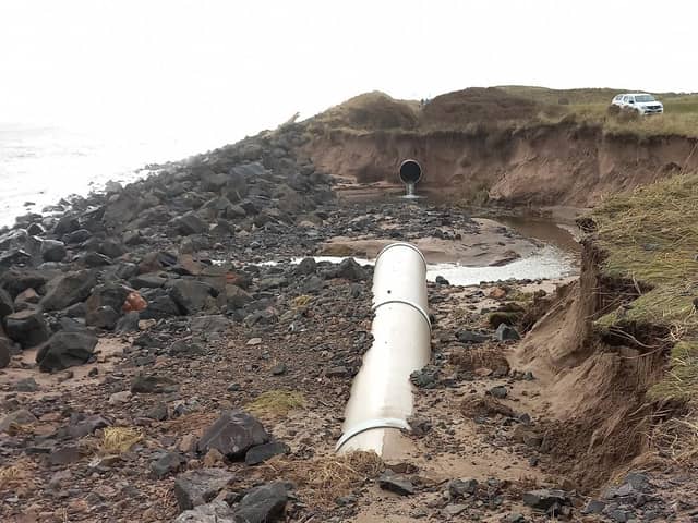 A 30-metre section of mains pipeline and rock armour was swept away during the weekend's stormy conditions.