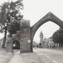 The Dalhousie Arch at Edzell, completed in 1887, was built to commemorate the 13th Earl of Dalhousie and his wife. The photograph was probably taken in the '60s or '70s, judging by the Morris Minor Traveller parked nearby.