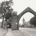 The Dalhousie Arch at Edzell, completed in 1887, was built to commemorate the 13th Earl of Dalhousie and his wife. The photograph was probably taken in the '60s or '70s, judging by the Morris Minor Traveller parked nearby.