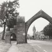 The Dalhousie Arch at Edzell, completed in 1887, was built to commemorate the 13th Earl of Dalhousie and his wife. The photograph was probably taken in the '60s or '70s, judging by the Morris Minor Traveller parked nearby.