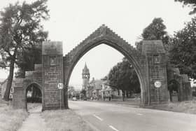 The Dalhousie Arch at Edzell, completed in 1887, was built to commemorate the 13th Earl of Dalhousie and his wife. The photograph was probably taken in the '60s or '70s, judging by the Morris Minor Traveller parked nearby.