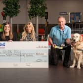 Pictured ​(l-r) are Lynn Sayer, CCO of MPA; Ellie Emslie, MPA administrator and volunteer puppy raiser Danny Rooney with guide dog puppies, Craigie and Bishop.​​​