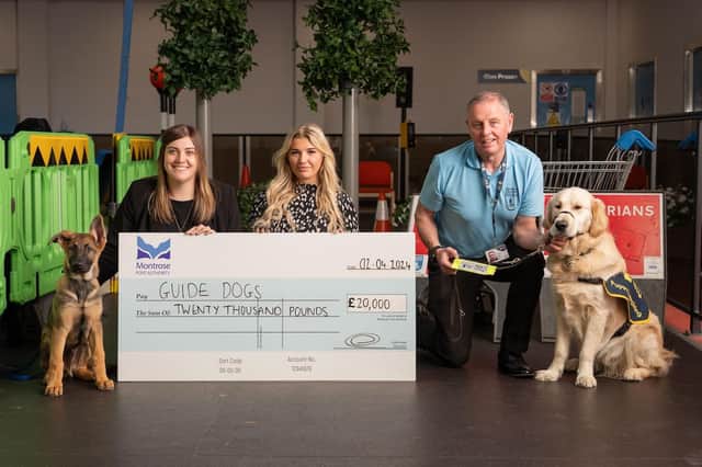Pictured (l-r) are Lynn Sayer, CCO of MPA; Ellie Emslie, MPA administrator and volunteer puppy raiser Danny Rooney with guide dog puppies, Craigie and Bishop.