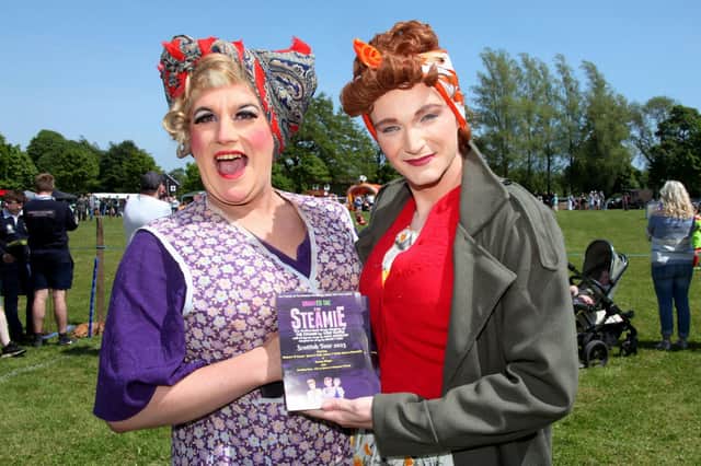 Grant F Kidd (left) and James T Smith, as Magrit and Doreen, dropped into Brechin recently to promote the production. (Wallace Ferrier)
