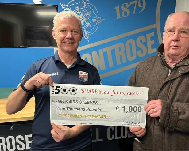 Club chief executive Peter Stuart presents the cheque to Bruce Steeves.