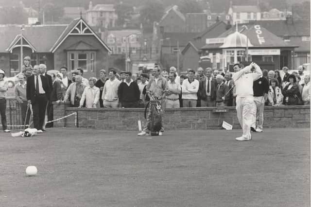 In July, 1990, Tony Jacklin drove from the first tee at Carnoustie Championship course to play the first three and final three holes against local Links Champion John Gilbert, who is behind the former Open Champion (1969).