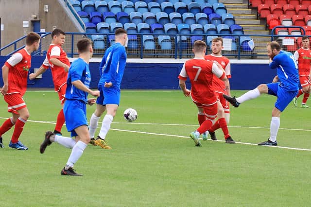 Stephen Greig fires a shot towards goal for Montrose Roselea (picture by Phoenix Photogaphy)