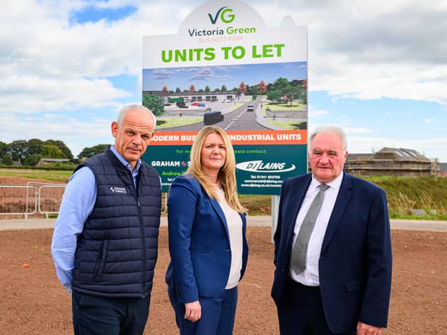 Pictured on site are (l-r) Andrew Dandie (agent), David Laing and Karen Nicoll (managing director).