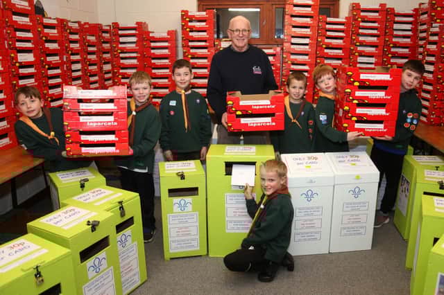 Pictured are some of the Scouts with Brian Findlay, manager, Scout Active Support: (left to right) Lewis Carnegie, Charlie McMillan, Carson Howe, Brian Findlay, Adrian Adam, Ethan Taylor, Ethan Hartley; (front) Johnathon Cole.