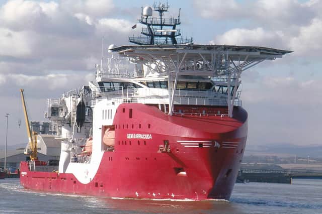 The Romanian-built Siem Barracuda IRM vessel departs Montrose.