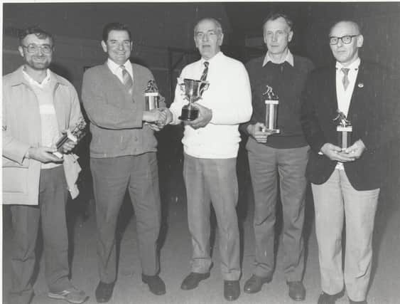 Angus Federation of Men's Clubs Carpet Bowls winners in November, 1989.Pictured were, from left - Jim Arthur, Arbirlot, Hamish Smith, Monikie (winners); Jack Whitton, president; Dave Martin, Monikie; and Bill Webster, Arbirlot.