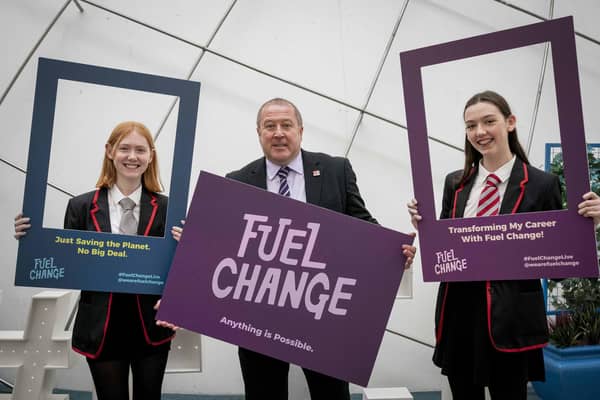 Angus South MSP Graeme Dey is pictured with Carnoustie High School pupils Beth Garness and Lucy Fleming.