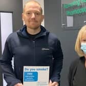 Barry Muir is pictured with pharmacy assistant Ann Leith, who helped him to quit smoking after 26 years.